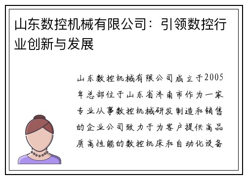 山东数控机械有限公司：引领数控行业创新与发展